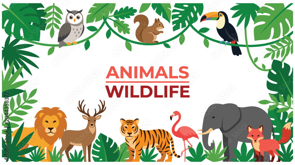 Obraz premium Wildlife animals and birds set with forest background.