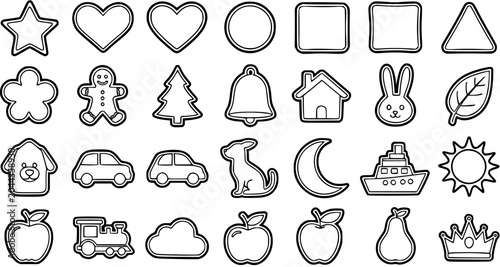 Fotografie Black and white line art cookie cutters in various shapes: star, heart, circle,