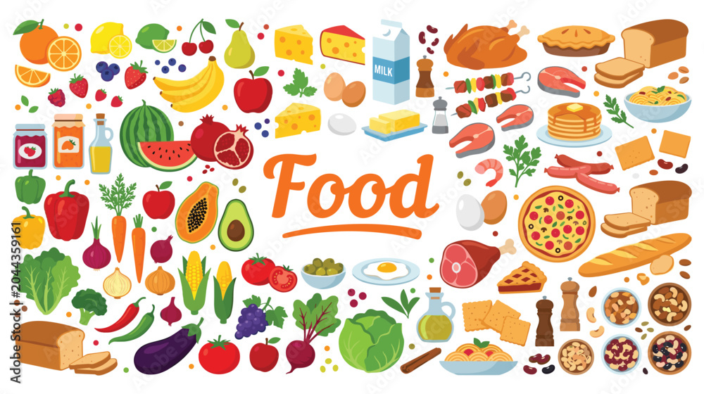 Obraz premium Comprehensive flat food icon set for culinary projects.