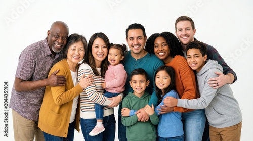 Diverse multigenerational family of nine hugging and smiling in a studio portrait, including grandparents, parents, teens, and young children