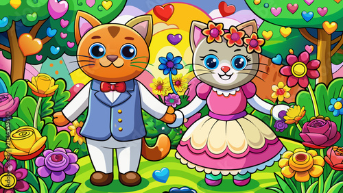 Whimsical vector cat couple, cartoon animals, colorful garden scene, floral fantasy