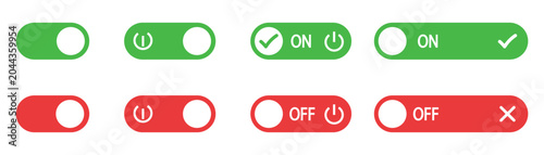 Obraz na plátně Set of colorful toggle switch buttons for web interface design with power symbols and text labels showing on and off status in green and red colors