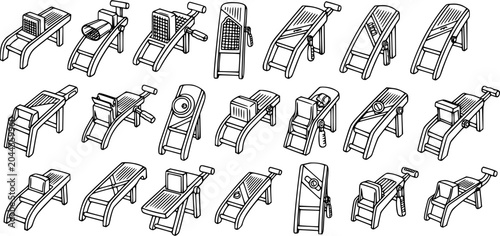 Foto Black and White Line Art Collection of Various Kitchen Mandoline Slicers and Gra