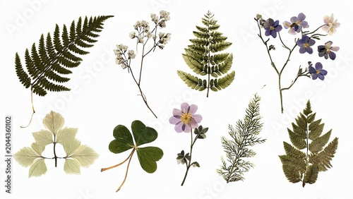 Set of 8 Pressed Flowers and Herbs - Herbarium Style Vintage Botanical Line Art Illustration