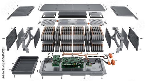 Advanced Electric Vehicle Battery Pack Exploded View Showing Internal Modules Cooling System BMS and Structural Components