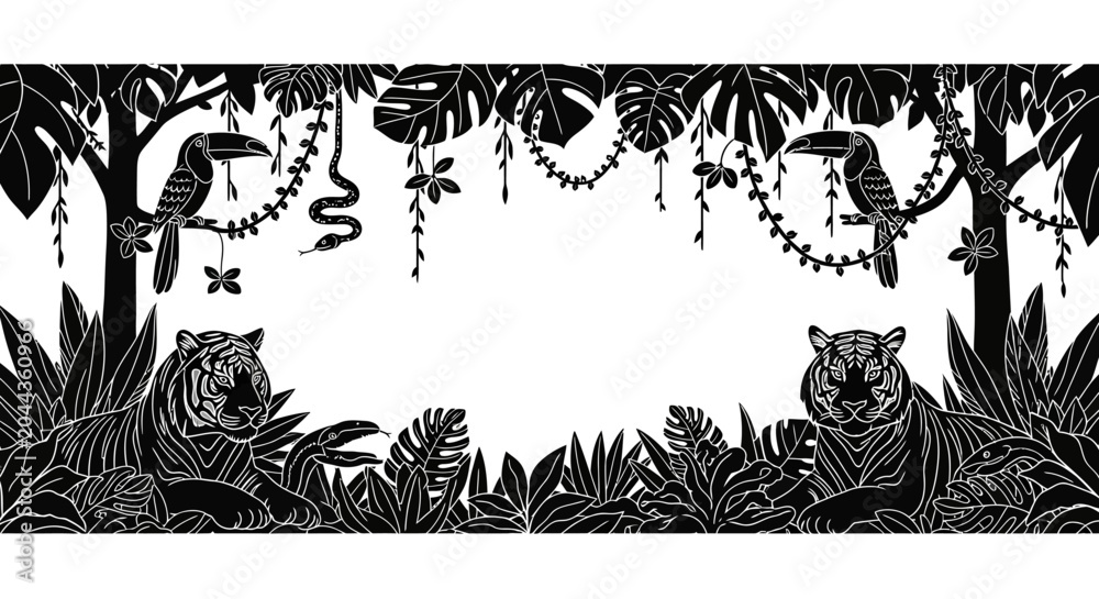 Obraz premium Tropical jungle frame with tigers toucans and exotic plants
