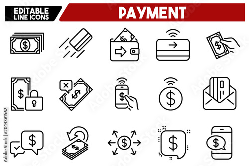 Money Payment Line Icons Set Cash Transfer Mobile Pay Credit Card Editable Stroke