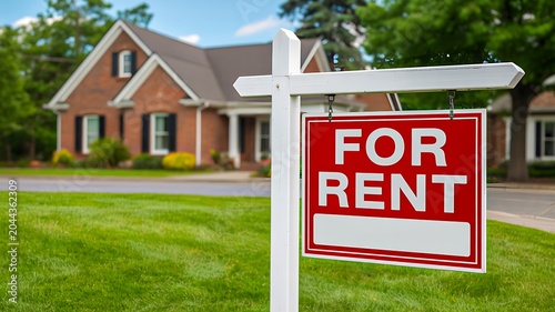 For rent sign in front of suburban residential house with green lawn