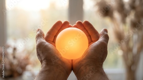 Hands cradling a glowing orb, symbolizing hope, mystery, and the unknown future, bathed in soft, warm light