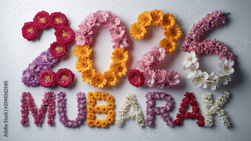 Flowers arranged into the shape of the year 2026 and the word Mubarak create a vibrant and celebratory seasonal display that highlights the beauty of natural spring blossoms on a clean background.