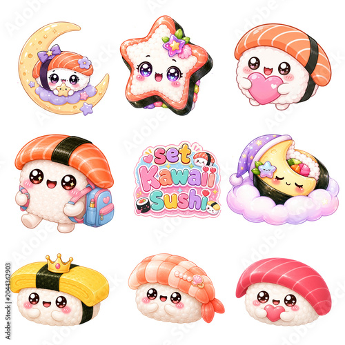 set of funny cartoon sushi