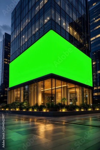 Green screen billboard mockup on modern building facade.