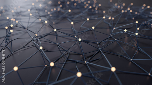 Network nodes interconnected by glowing lines form a complex digital mesh structure that symbolizes the vast connectivity of modern communication systems and advanced data processing technologies.
