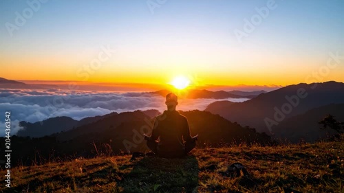 Silhouette of a person meditating on a mountain peak at sunrise