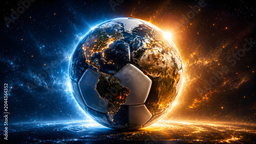 A stunning conceptual image of a soccer ball designed as planet Earth, floating in a vibrant cosmic background with contrasting blue and orange nebula light. Football Tournament Concept