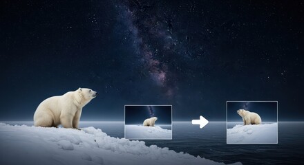 Polar bear on arctic ice under starry night sky.