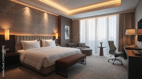 Luxury Modern Hotel Bedroom Interior with King Size Bed and Elegant Ambient Lighting