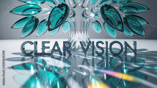 Glass tree sculpture featuring translucent teal leaves stands behind the bold three-dimensional text display that reads clear vision as a conceptual representation of growth and strategic planning.