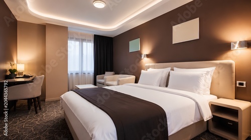 Luxury Modern Hotel Bedroom Interior with King Size Bed and Elegant Ambient Lighting