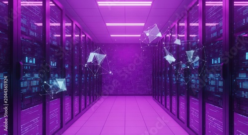 Modern server room with floating digital data crystals.