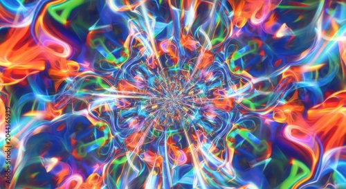 Intricate abstract kaleidoscope with fiery orange and cool blue.