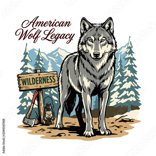 Majestic American wolf legacy standing in forest with wilderness sign, vintage graphic illustration for t-shirt design and adventure branding
