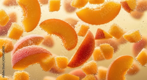 Slices of fresh peaches falling in bright golden light.