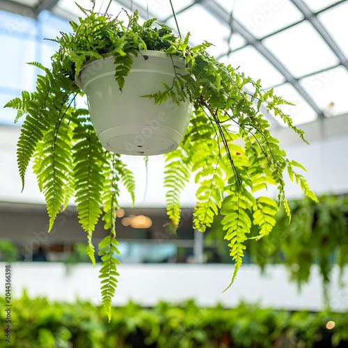 A hanging fern in a white pot indoors