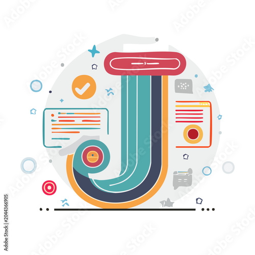 Stylized Letter J with data and communication icons