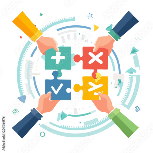 Teamwork assembling puzzle pieces with symbols