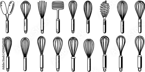 Фотография Black and White Line Art of Kitchen Whisks and Utensils for Baking and Cooking