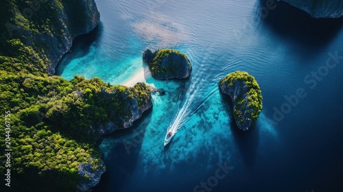 Aerial view of boat island hopping in turquoise sea