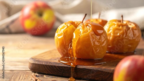 Baked apples with caramel drizzle on a wooden board. Blurred apples in background