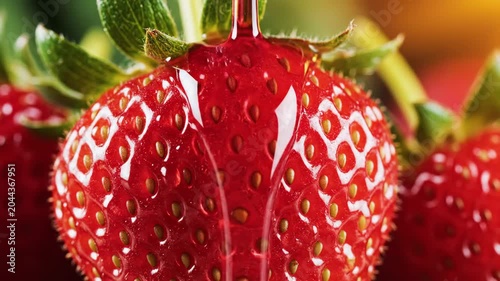 Close-up of a ripe red strawberry with green leaves against a blurred background.