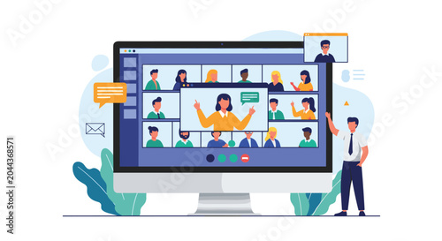 Large computer monitor displays a group video call with multiple participants and a main speaker for a digital meeting or class.