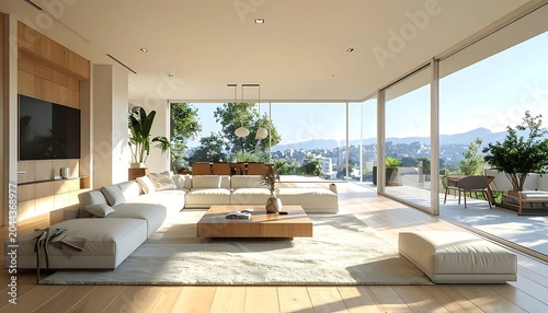 A modern living room with large windows and a city view