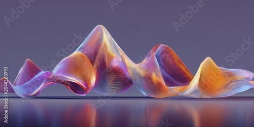 Iridescent, flowing abstract form reflecting on a glossy surface