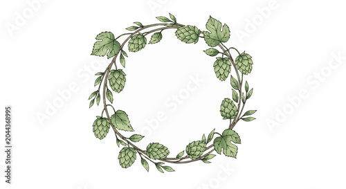 Hand-drawn circular frame of hop vines with cones and leaves