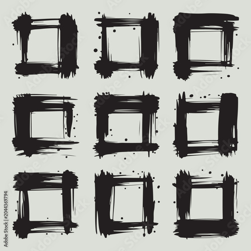 Nine black ink brush stroke square frames with splatter on light gray background