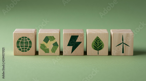Sustainability and environmental protection concept, Wooden blocks with environmental icons, eco, ecology, environment, environmental, green, nature, recycling, earth, ecological