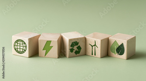 Sustainability and environmental protection concept, Wooden blocks with environmental icons, eco, ecology, environment, environmental, green, nature, recycling, earth, ecological