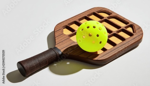 Wooden paddle with yellow perforated ball on white surface