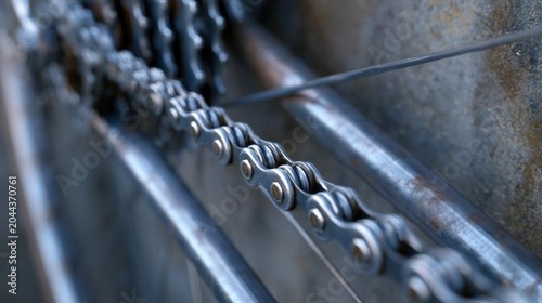 Close-up of a bicycle chain. the chain is made up of multiple metal links that are connected to each other. the links are silver in color and appear to be made of metal.