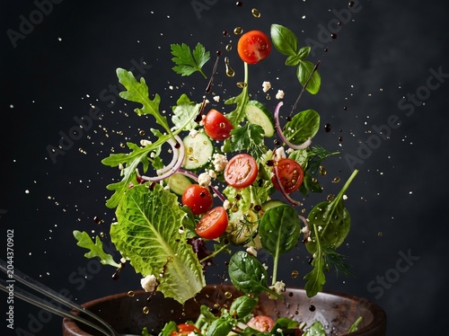 Dynamic Healthy Green Salad with Tomato Cucumber and Herbs Levitation