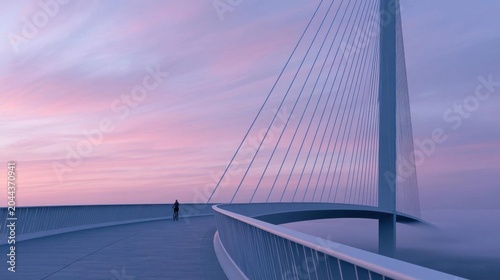 Photograph of a bridge at sunset. the sky is a beautiful shade of pink and purple, with the sun setting in the background. the bridge is a tall, white structure with multiple cables running across it.