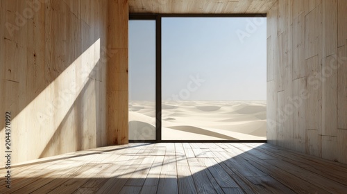 Warm wood interior with large window framing vast desert dunes