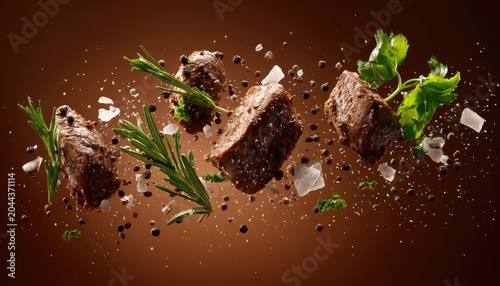 Savory meat chunks, herbs, and spices suspended in air