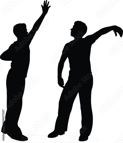 Quadro su tela Two Men Silhouettes Waving And Reaching Upwards On White Background Keywords: si