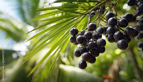 Dark berries hang from a tropical tree branch with green leaves