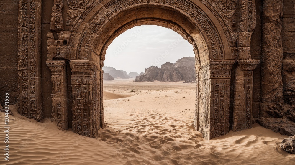 Fototapeta premium Ancient stone archway frames desert landscape with sand dunes